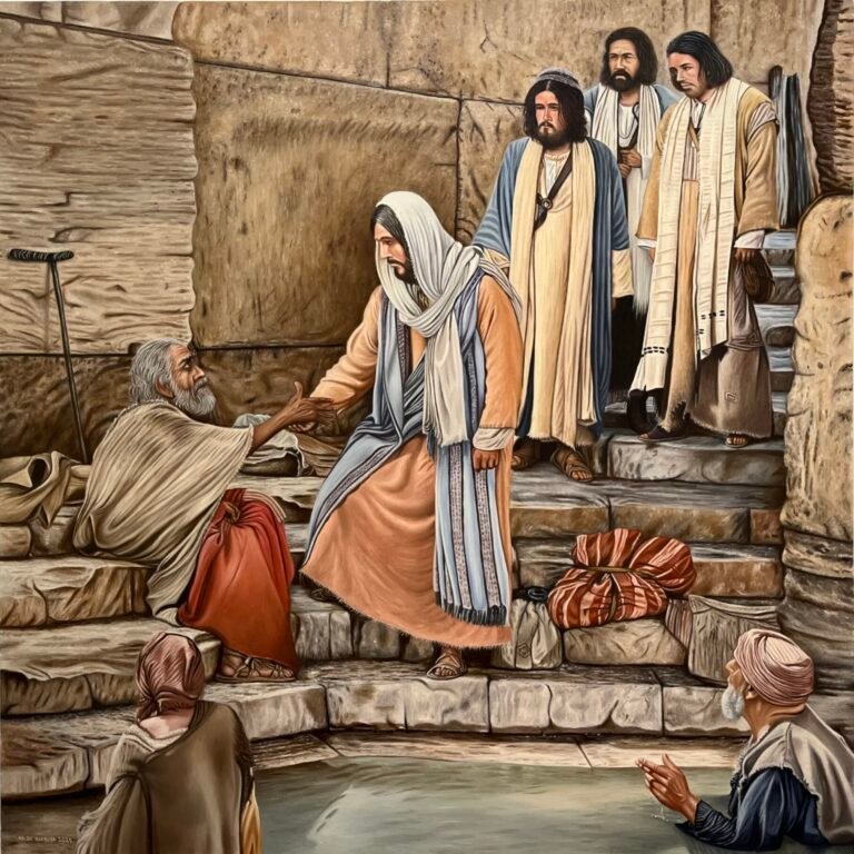 pintura Jesus curando o paralítico no poço de Betesda - 120x120cma